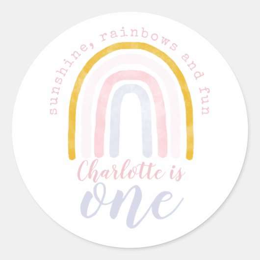 Sticker Rond Boho Sunshine, Rainbows et Fun Premier anniversair (Devant)
