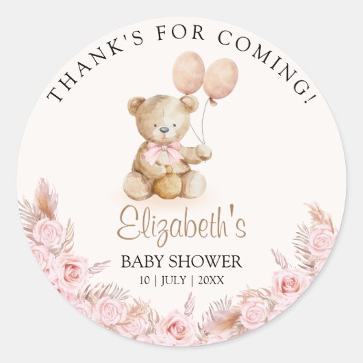 Sticker Rond Boho Teddy Bear Baby Shower Girl (Devant)