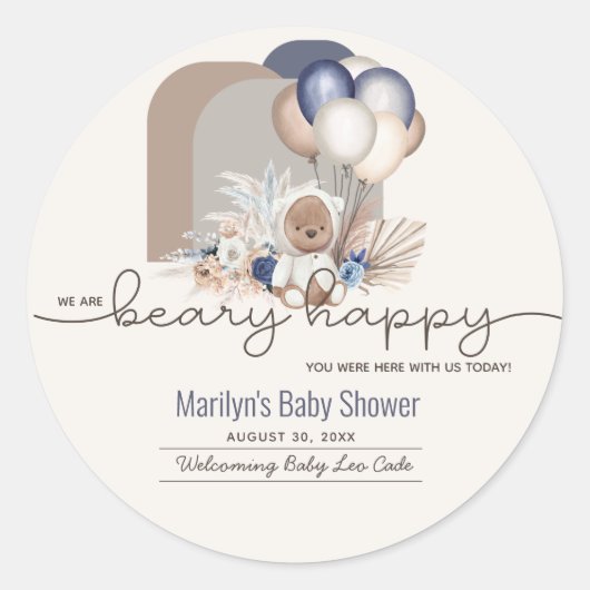 Sticker Rond Boho Teddy Bear & Balloons Bearly Wait Baby shower (Devant)