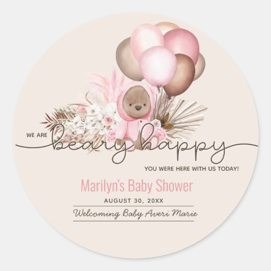 Sticker Rond Boho Teddy Bear & Balloons Bearly Wait Baby shower (Devant)
