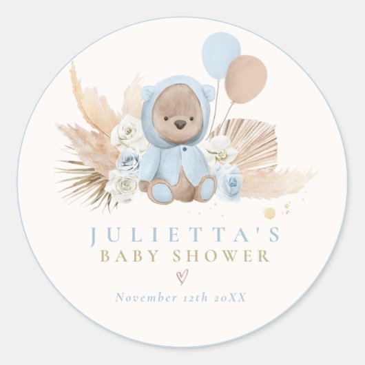 Sticker Rond Boho Teddy Bear Bleu Bearly Wait Baby shower (Devant)
