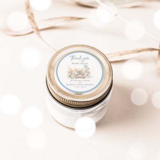 Sticker Rond Boho Teddy Bear Bleu Bearly Wait Baby shower Favor