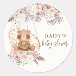 Sticker Rond Boho Teddy Bear Pampas Baby shower Fleur