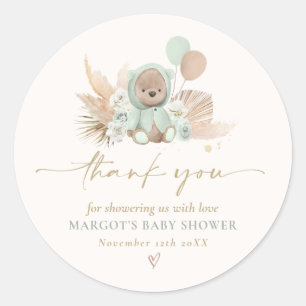 Sticker Rond Boho Teddy Bear Sage Green Bearly Wait Baby shower