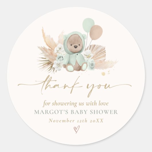 Sticker Rond Boho Teddy Bear Sage Green Bearly Wait Baby shower (Devant)