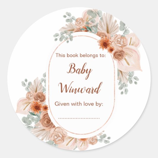 Sticker Rond Boho Terracotta Pampas Baby shower en herbe (Devant)