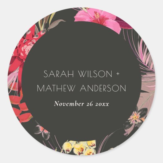 Sticker Rond Boho Tropical Dark Lively Red Blush Floral Mariage (Devant)