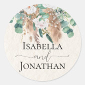 Sticker Rond Boho Vert Beige Eucalyptus Pampas Mariage (Devant)