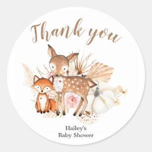 Sticker Rond Boho Woodland Citrouille Baby shower Merci