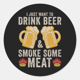 Sticker Rond Boire De La Bière Et Fumer De La Viande Grillation