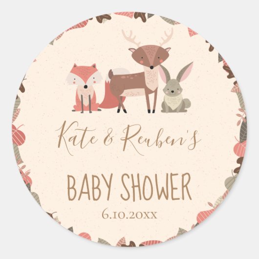 Sticker Rond Bois Animaux Couples Baby shower (Devant)