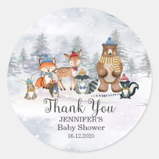 Sticker Rond Bois Animaux d'hiver Baby shower 1er anniversaire