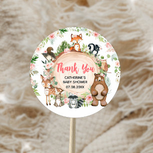 Sticker Rond Bois Animaux Floral Baby shower en tranches de boi