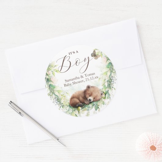 Sticker Rond Bois Animaux Forêt Végétation Bébé Garçon Douche (Enveloppe)