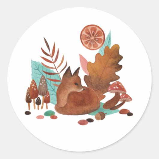 Sticker Rond Bois Aquarelle Fox Whimsical Forêt d'automne (Devant)