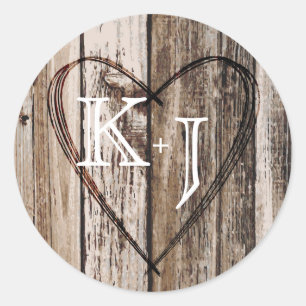 Sticker Rond Bois Coeur Etching Rustic Monogram Mariage Étiquet