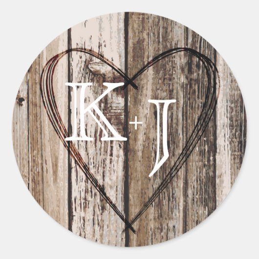 Sticker Rond Bois Coeur Etching Rustic Monogram Mariage Étiquet (Devant)