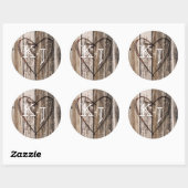 Sticker Rond Bois Coeur Etching Rustic Monogram Mariage Étiquet (Feuille)
