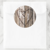 Sticker Rond Bois Coeur Etching Rustic Monogram Mariage Étiquet (Sac)