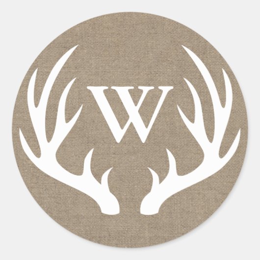 Sticker Rond Bois de cerf blanc rustique Burlap Lettre initiale (Devant)
