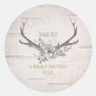Sticker Rond Bois de cerf rustique et bouleau blanc mariage vin