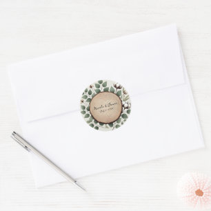 Sticker Rond Bois de forêt Eucalyptus et Coton Mariage rustique