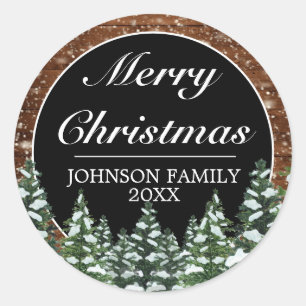 Sticker Rond Bois de neige noir et pinède de forêt Joyeux No