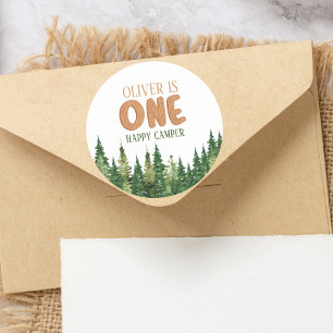 Sticker Rond Bois de verdure rustique Joyeux campeur premier an