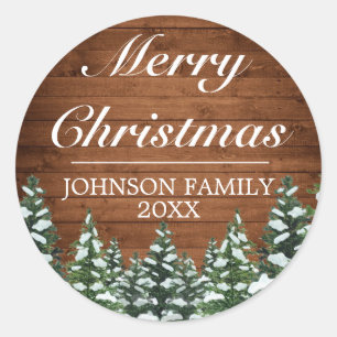 Sticker Rond Bois neigeux et forêt Pin rural Joyeux Noël
