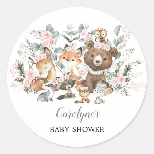Sticker Rond Bois rose doux Animaux Eucalyptus Baby shower (Devant)