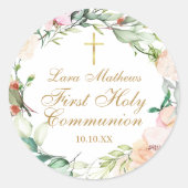 Sticker Rond Bois Rose Garland Première communion sainte (Devant)
