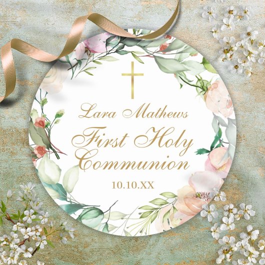 Sticker Rond Bois Rose Garland Première communion sainte