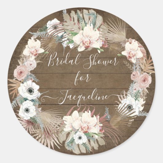 Sticker Rond Bois rustique Blanc Floral Palm Verdure Foliage (Devant)