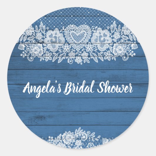 Sticker Rond Bois Rustique Bleu Dentelle Ferme Grange Chic (Devant)