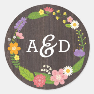 Sticker Rond Bois rustique Bohème Floral Mariage Wreath