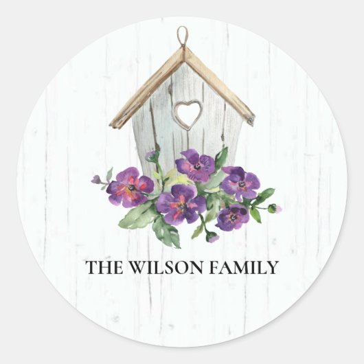 STICKER ROND BOIS RUSTIQUE BOIS VIOLET FLORAL BIRD HOUSE (Devant)