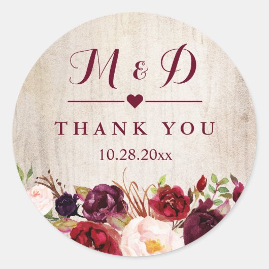 Sticker Rond Bois rustique Bourgogne Floral Monogramme Mariage (Devant)
