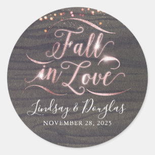 Sticker Rond Bois rustique chute en amour Rose Mariage or