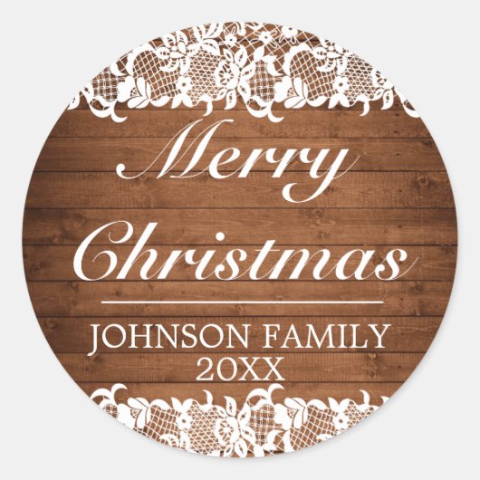 Sticker Rond Bois rustique & dentelle blanche Joyeux Noël (Devant)