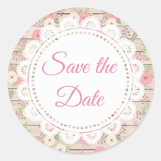 Sticker Rond Bois rustique et Fleurs Mariage Sauvez la date (Devant)