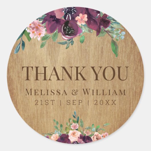 Sticker Rond Bois rustique Floral Marsala Mariage Merci (Devant)