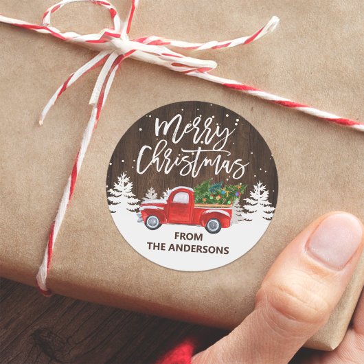 Sticker Rond Bois rustique Joyeux Noël Camion Pins Arbres