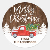 Sticker Rond Bois rustique Joyeux Noël Camion Pins Arbres (Devant)