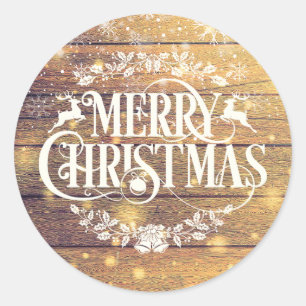 Sticker Rond Bois Rustique Joyeux Noël Flocons de Neige