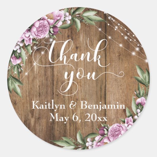 Sticker Rond Bois rustique, Lumières Blanches, Merci Fleurs (Devant)