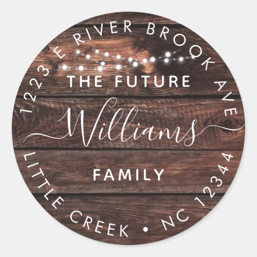 Sticker Rond Bois rustique + lumières | Future M. et Mme Adress (Devant)