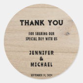 Sticker Rond Bois rustique mariage campagnard rural Merci (Devant)