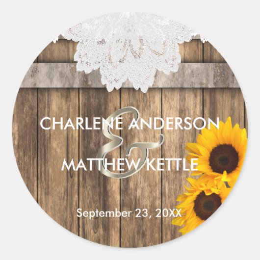 Sticker Rond Bois rustique & Mariage dentelle (Devant)