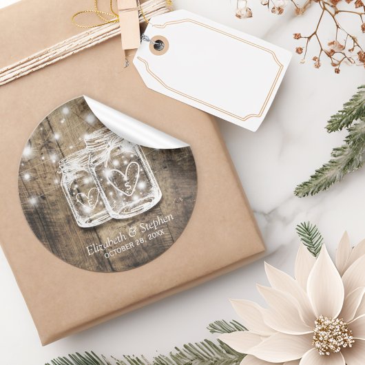 Sticker Rond Bois rustique Mason Jar String éclats mariage Fave