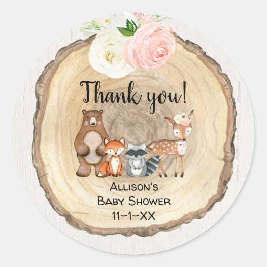 Sticker Rond Bois rustique mignon animaux fille baby shower (Devant)